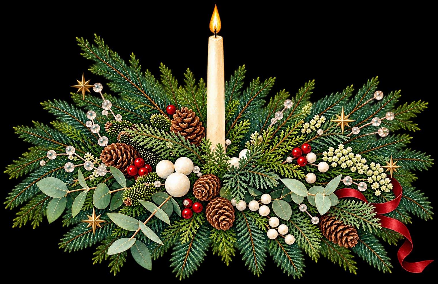Illustration of a Christmas centerpiece: a lit ivory candle among fir, eucalyptus, pine cones, red and white berries, gold stars and a red ribbon